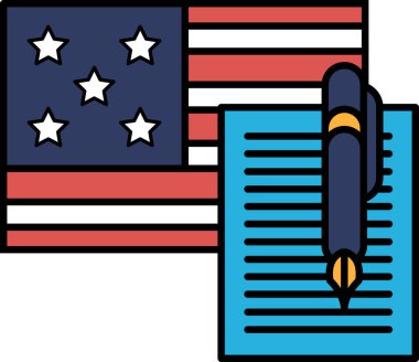 Arka planda Amerikan bayrağı olan bir kağıt parçasının üzerinde bir kalem var. Kalem mavi ve kağıt beyaz.