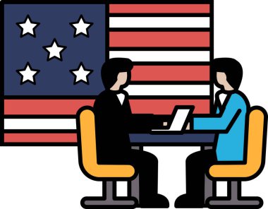 İki adam bir Amerikan bayrağının önünde bir masada oturuyorlar. Önemli bir şeyi tartışıyorlar.