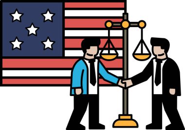 Amerikan bayrağının önünde el sıkışan iki adam. İki adam arasındaki diplomasi ve işbirliği kavramı