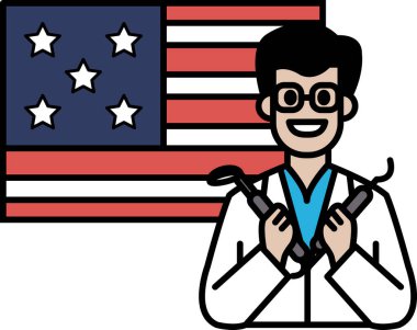 Beyaz laboratuvar önlüklü bir adam diş aletleri tutuyor ve Amerikan bayrağının önünde gülümsüyor. Birinin mesleğinde vatanseverlik ve gurur kavramı