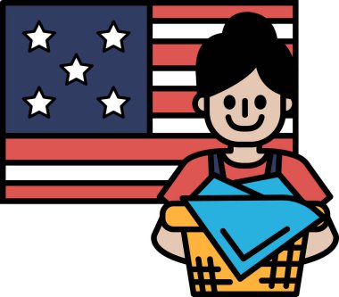 Bir kadın bir sepet kıyafet tutuyor ve Amerikan bayrağının önünde gülümsüyor. Ülkenizde vatanseverlik ve gurur kavramı