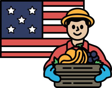 Bir adam Amerikan bayrağının önünde meyve ve sebze sepeti tutuyor. Ülkenin tarım endüstrisinde vatanseverlik ve gurur kavramı