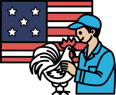 Bir adam Amerikan bayrağının önünde horoz tutuyor. Adam mavi bir şapka ve mavi gömlek giyiyor.