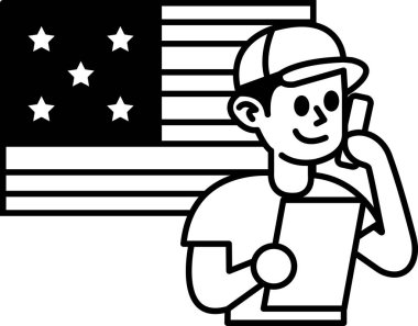 Bir adam elinde bir kağıt parçasıyla cep telefonuyla konuşuyor. Bir Amerikan bayrağının resmi.