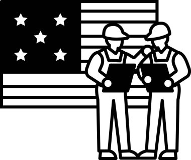 İki adam bir bayrağın yanında duruyor, biri bir pano tutuyor. İki adam bir görevi tamamlamak için birlikte çalıştığı için takım çalışması ve işbirliği kavramı. Bayrak birliğin sembolü olarak hizmet veriyor.