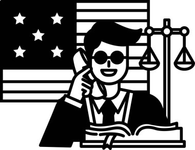 Takım elbiseli bir adam arkasında bir bayrak ve bir kitapla masada otururken cep telefonuyla konuşuyor.