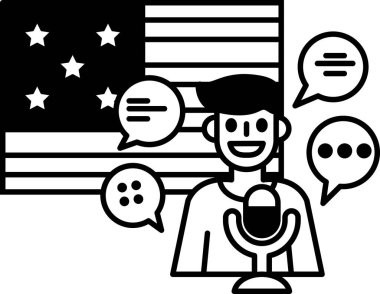 Bir adam Amerikan bayrağının önünde mikrofona konuşuyor. Adam gülümsüyor ve bayrak siyah beyaz