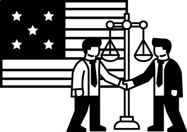 Amerikan bayrağının önünde el sıkışan iki adam. İki adam arasındaki diplomasi ve işbirliği kavramı