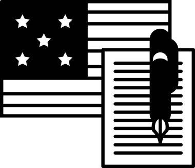 Arka planda Amerikan bayrağı olan bir kağıt parçasının üzerinde bir kalem var. Kalem siyah, kağıt beyaz.