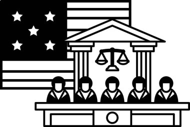 Arka planda bayrak olan bir adliye binasının siyah beyaz çizimi. Adliyede bir grup insan bir masada oturuyor ve bir yargıç da masada oturuyor.