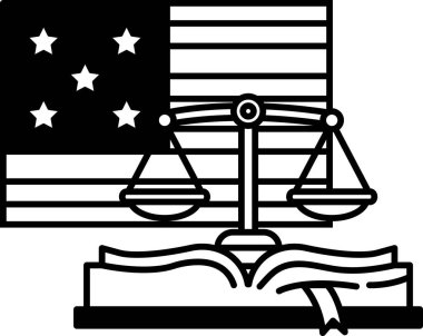 Arkasında bir kitap ve bayrak olan bir terazinin siyah beyaz görüntüsü. Adalet kavramı ve hukuk sisteminde dengenin önemi