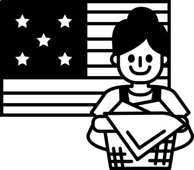 Bir kadın elinde bir bebek ve arkasında bir bayrak tutuyor. Kadın gülümsüyor ve resmin mutlu ve vatansever bir havası var.