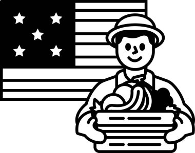 Bir adam bir sepet sebze tutuyor ve bir Amerikan bayrağının önünde duruyor. Ülkenin tarım endüstrisinde vatanseverlik ve gurur kavramı