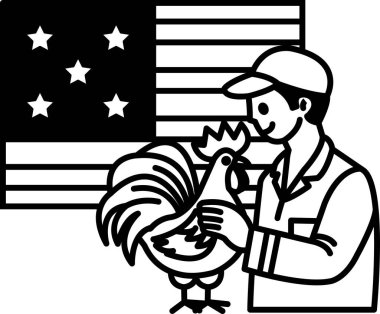 Bir adam Amerikan bayrağının önünde horoz tutuyor. Adam gülümsüyor ve horoz ona bakıyor. Bir erkek olarak samimiyet ve dostluk kavramı.