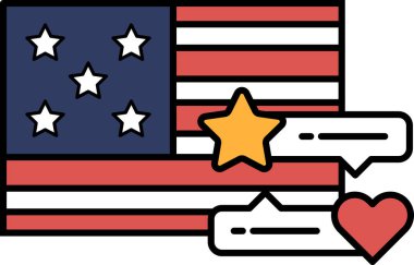 Sarı yıldızlı ve kırmızı kalpli vatansever bir Amerikan bayrağı. Yıldızlar bir yıldız deseninde dizilmiş, sol üstte beş, sağ üstte beş ve sol altta beş.