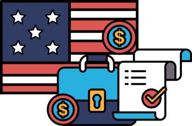 Bir bavul karikatürü, bir dolar banknot ve üzerinde çek işareti olan bir kağıt parçası.