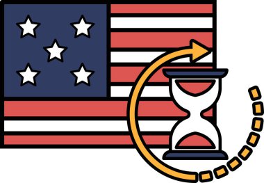 Bir Amerikan bayrağının yanında bir saat gösterilir. Saat 12 numaraya ayarlandı. Görüntü zamanın akışını ve zaman yönetiminin önemini temsil ediyor.