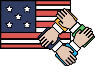 Bayrağın etrafında el ele tutuşan bir grup insan. İnsanlar birlik ve beraberlik göstermek için el ele tutuşuyorlar.