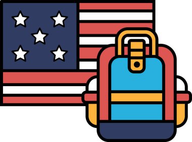 Bir sırt çantası bir Amerikan bayrağının yanına yerleştirilir. Sırt çantası mavi ve sarı. Bayrak kırmızı, beyaz ve mavi.