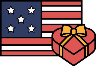 Kırmızı bir kalp kırmızı bir kurdeleyle kırmızı bir kutunun üzerine yerleştirilir. Kutu kırmızı, beyaz ve mavi bir Amerikan bayrağının üzerine yerleştirilir. Sevgi ve vatanseverlik kavramı