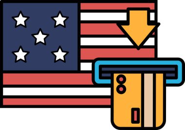 Bir Amerikan bayrağının yanındaki makineye bir kredi kartı yerleştiriliyor. Kredi kartıyla satın alma kavramı