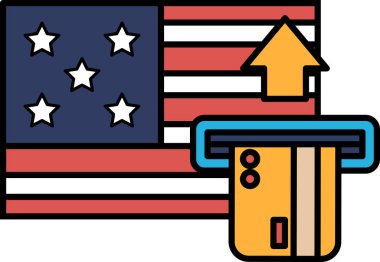 Bir Amerikan bayrağının yanındaki makineye bir kredi kartı yerleştiriliyor. Finansal işlemler kavramı ve ABD 'nin küresel bir ekonomik güç olarak önemi