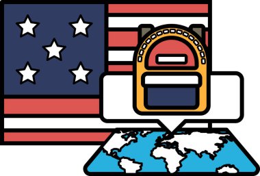 Arka planda Amerikan bayrağı olan bir sırt çantası dünya haritasının tepesinde. Sırt çantası kırmızı ve sarı.