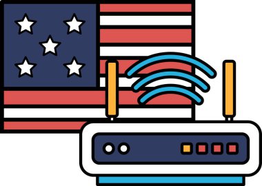 Amerikan bayrağının yanında bir kablosuz yönlendirici gösteriliyor. Yönlendirici beyaz ve mavi, ve kırmızı kenarlıklarla çevrili.