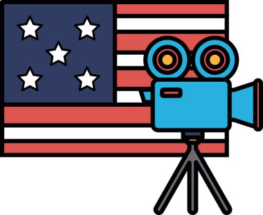 Mavi bir kamera bir Amerikan bayrağının önünde tripodun üzerinde. Kamera bayrağın üzerindeki yıldızları gösteriyor.