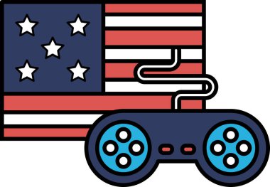 Bir Amerikan bayrağının yanında bir video oyun denetleyici gösterilir. Denetleyici mavi ve beyaz, ve bayrak kırmızı, beyaz ve mavi. Vatanseverlik ve eğlence kavramı