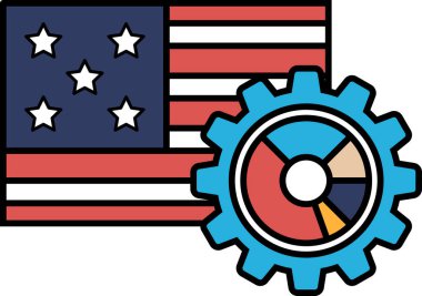 Arka planda kırmızı, beyaz ve mavi Amerikan bayrağı olan mavi bir vites. Bayrak yıldızlarla çevrili.