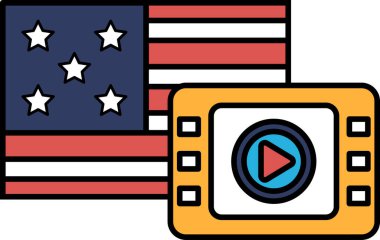 Sağında video oynatıcı olan bir Amerikan bayrağı karikatürü. Bayrak kırmızı, beyaz, mavi ve yıldızlı. Video oynatıcı turuncu ve mavi bir oku var. Eğlence ve vatanseverlik kavramı