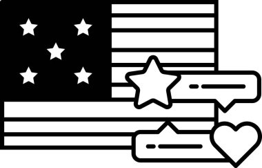 Amerikan bayrağının yıldızlı ve kalpli siyah beyaz çizimi. Yıldızlar bir yıldız deseninde dizilir ve kalpler bayrağın etrafına dağılır. Bayrak bir sınırla çevrili.