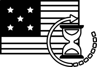 Sağ tarafında saat olan Amerikan bayrağının siyah beyaz görüntüsü. Saat 12: 00 'ye ayarlı ve sağı gösteren beyaz bir oku var. Zaman kavramı geçiyor.