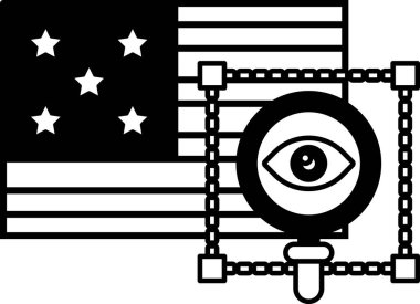 Üzerinde büyüteç olan siyah beyaz bir Amerikan bayrağı. Büyüteç bayraktaki yıldızlara bakıyor.