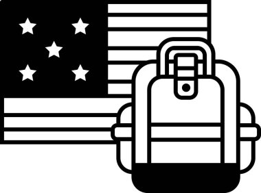 Bayrağın üstünde bir sırt çantası var. Sırt çantası siyah beyaz. Bayrak kırmızı, beyaz ve mavi.