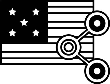 Üzerinde üç daire olan siyah beyaz bir Amerikan bayrağı. Daireler bayrağa bağlı ve bayrağın ortasındalar.