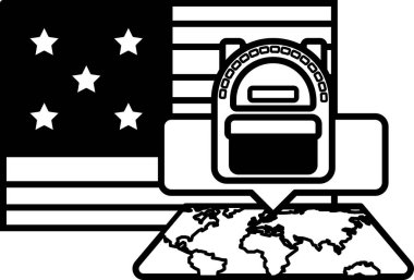 Bir sırt çantası dünya haritasına yerleştirilir. Sırt çantası haritanın ortasına yerleştirilmiş ve arka planda Amerikan bayrağının yıldızları görünüyor.