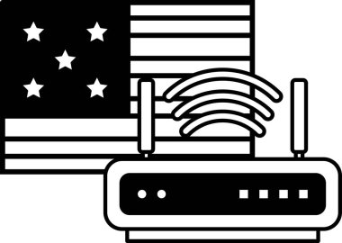 Arkasında Amerikan bayrağı olan bir kablosuz internet yönlendiricisinin siyah beyaz görüntüsü. Yönlendirici görüntünün ortasına yerleştirilmiş, arkaplanda bayrağın yıldızları görünür.