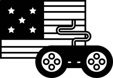 Arka planda Amerikan bayrağı olan bir bilgisayar oyunu kontrolörünün siyah beyaz görüntüsü. Denetleyici resmin ortasına yerleştirilmiş, sol tarafında bayrak var.