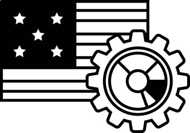 Üzerinde teçhizat olan siyah beyaz bir ABD bayrağı. Bayrak yıldızlarla çevrilidir ve teçhizat görüntünün merkezindedir. İlerleme ve yenilik kavramı