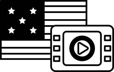 Sağında video oynatıcı olan bir Amerikan bayrağının siyah beyaz görüntüsü. Bayrak yıldızlarla çevrili ve video oynatıcı resmin sağ tarafında.
