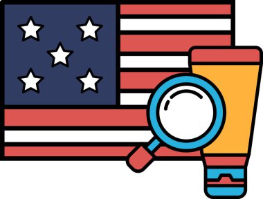 Üzerinde büyüteç olan bir Amerikan bayrağının yakın çekimi. Büyüteç sarı ve turuncu.