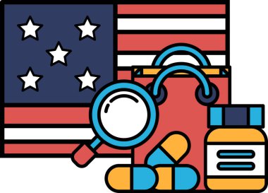 Bir büyüteçle kırmızı ve beyaz bir Amerikan bayrağı ve bir kutu hapla birlikte bir alışveriş çantası.