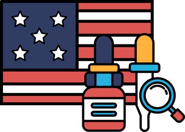 Mavi şapkalı bir şişe kırmızı, beyaz ve mavi bir Amerikan bayrağının yanına yerleştirilir. Şişe ilaç şişesine benziyor ve bayrak da Amerika Birleşik Devletleri 'ni temsil ediyor.