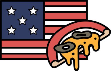 Üzerinde iki zeytin bulunan bir dilim pizza kırmızı, beyaz ve mavi bir Amerikan bayrağının üzerine yerleştirilir. Pizza bayrağın ortasına yerleştirilmiş.