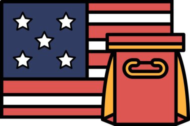 Üzerinde yıldız olan kırmızı bir çanta kırmızı, beyaz ve mavi bir Amerikan bayrağının yanına yerleştirilir. Çanta muhtemelen bir beslenme çantası ya da yiyecek taşımak için bir çanta ve bayrak da Amerika Birleşik Devletleri 'ni temsil ediyor.
