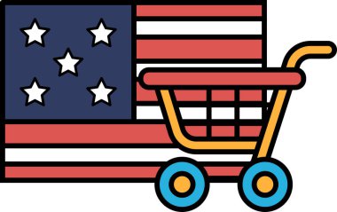 Arkasında bayrak olan bir alışveriş arabası. Bayrak kırmızı, beyaz ve mavi