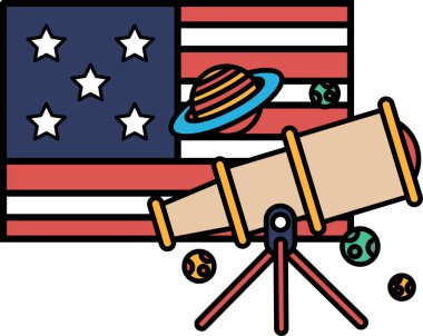 Bir teleskop karikatürü ve üzerinde yıldızlar olan bir bayrak. Teleskop yıldızları gösteriyor, evrenin büyüklüğünü ve harikasını simgeliyor. Bayrak ABD 'yi temsil ediyor.