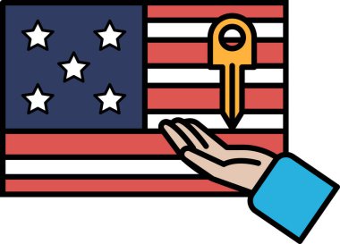 Bir el kırmızı, beyaz ve mavi Amerikan bayrağında bir tuşa uzanıyor. Umut ve fırsat kavramı, çünkü anahtar değişim ve ilerleme potansiyelini temsil ediyor.
